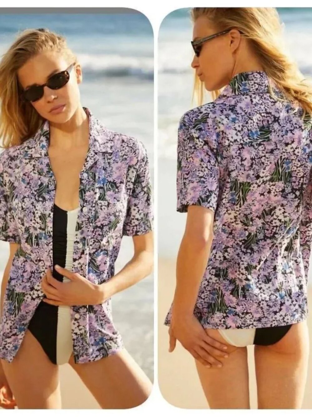 BEACH RIOT Shirt Womens Large Purple‎ Floral Button Front Top Anthropologie